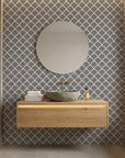Ink & Light bold black and white art deco fan wallpaper as a feature wall in a bright home office