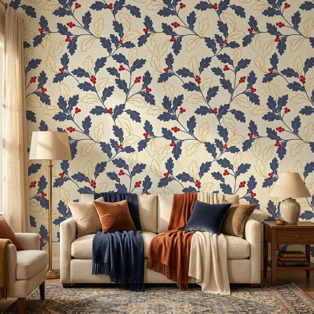 Ink & Oak navy and red botanical wallpaper in a warm and inviting living room