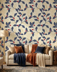 Ink & Oak navy and red botanical wallpaper in a warm and inviting living room