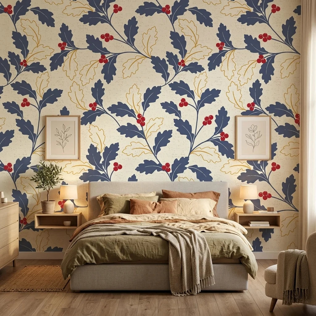 Ink & Oak navy and red botanical wallpaper adding character to a cozy bedroom