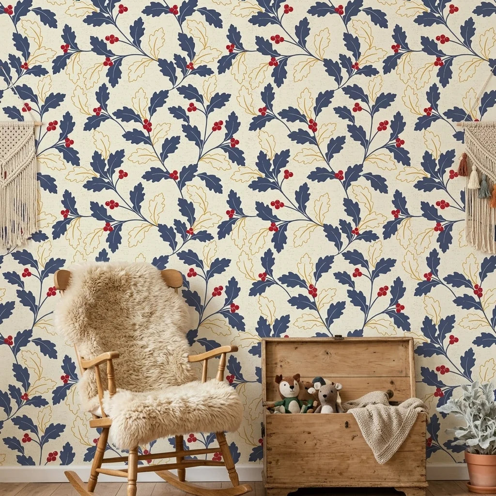 Ink & Oak navy and red botanical wallpaper as a feature wall in a bright home office