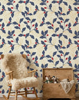 Ink & Oak navy and red botanical wallpaper as a feature wall in a bright home office