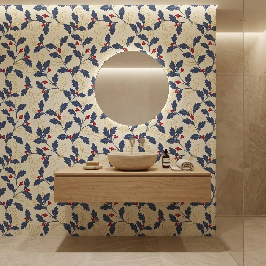 Ink & Oak navy and red botanical wallpaper creating ambiance in a serene bathroom
