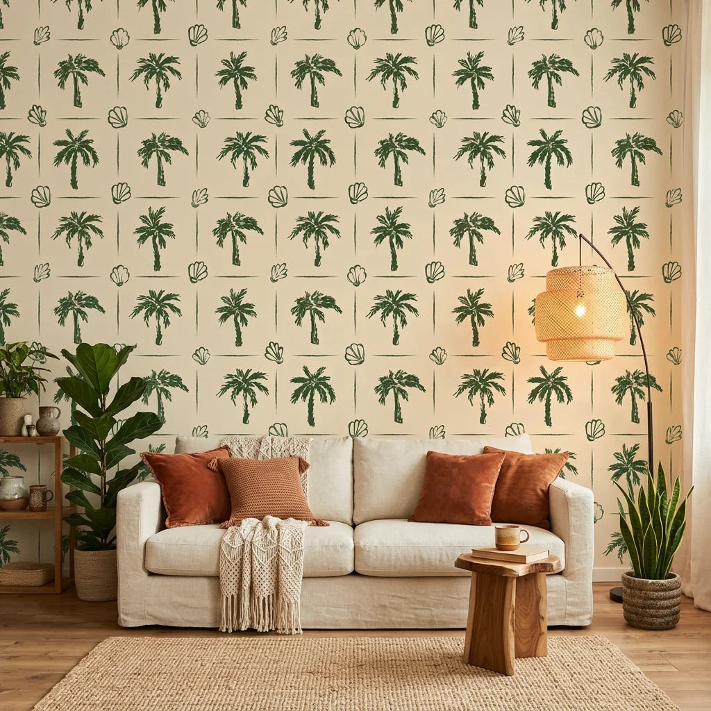 Ink & Shell sketchy green coastal wallpaper in a warm and inviting living room
