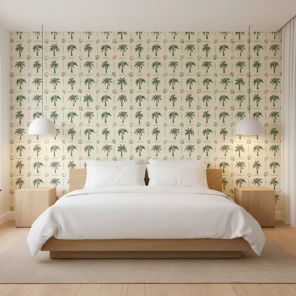 Ink & Shell sketchy green coastal wallpaper adding character to a cozy bedroom