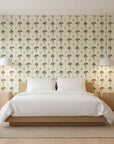 Ink & Shell sketchy green coastal wallpaper adding character to a cozy bedroom