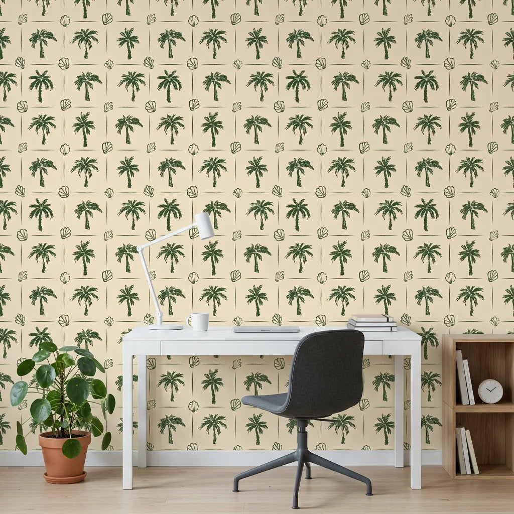 Ink & Shell sketchy green coastal wallpaper as a feature wall in a bright home office