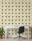 Ink & Shell sketchy green coastal wallpaper as a feature wall in a bright home office