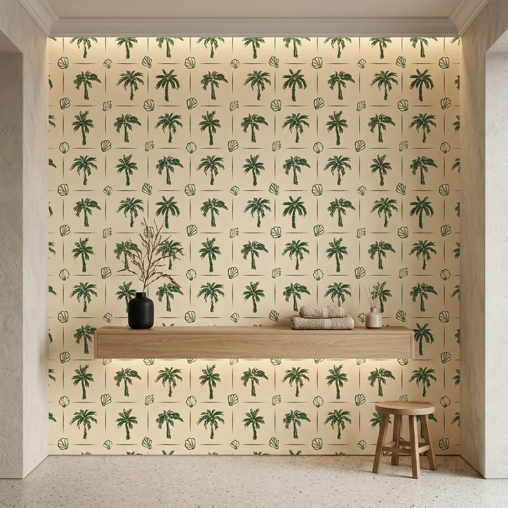 Ink & Shell sketchy green coastal wallpaper creating ambiance in a serene bathroom