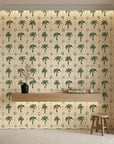 Ink & Shell sketchy green coastal wallpaper creating ambiance in a serene bathroom