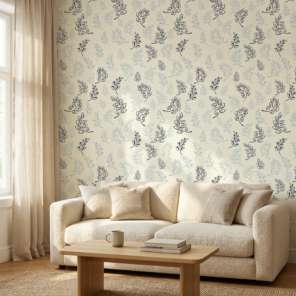 Ink &amp; Sprig navy blue botanical sprig in a warm and inviting living room