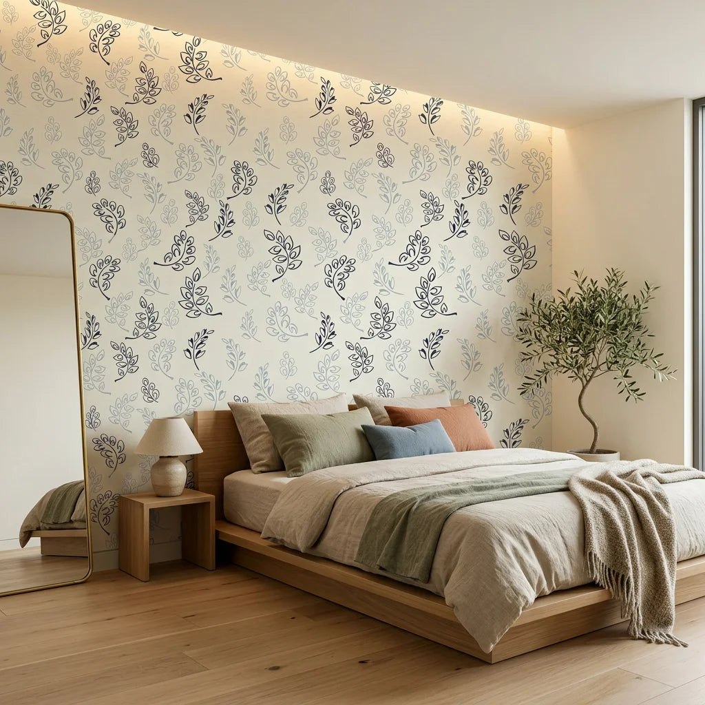 Ink &amp; Sprig navy blue botanical sprig adding character to a cozy bedroom