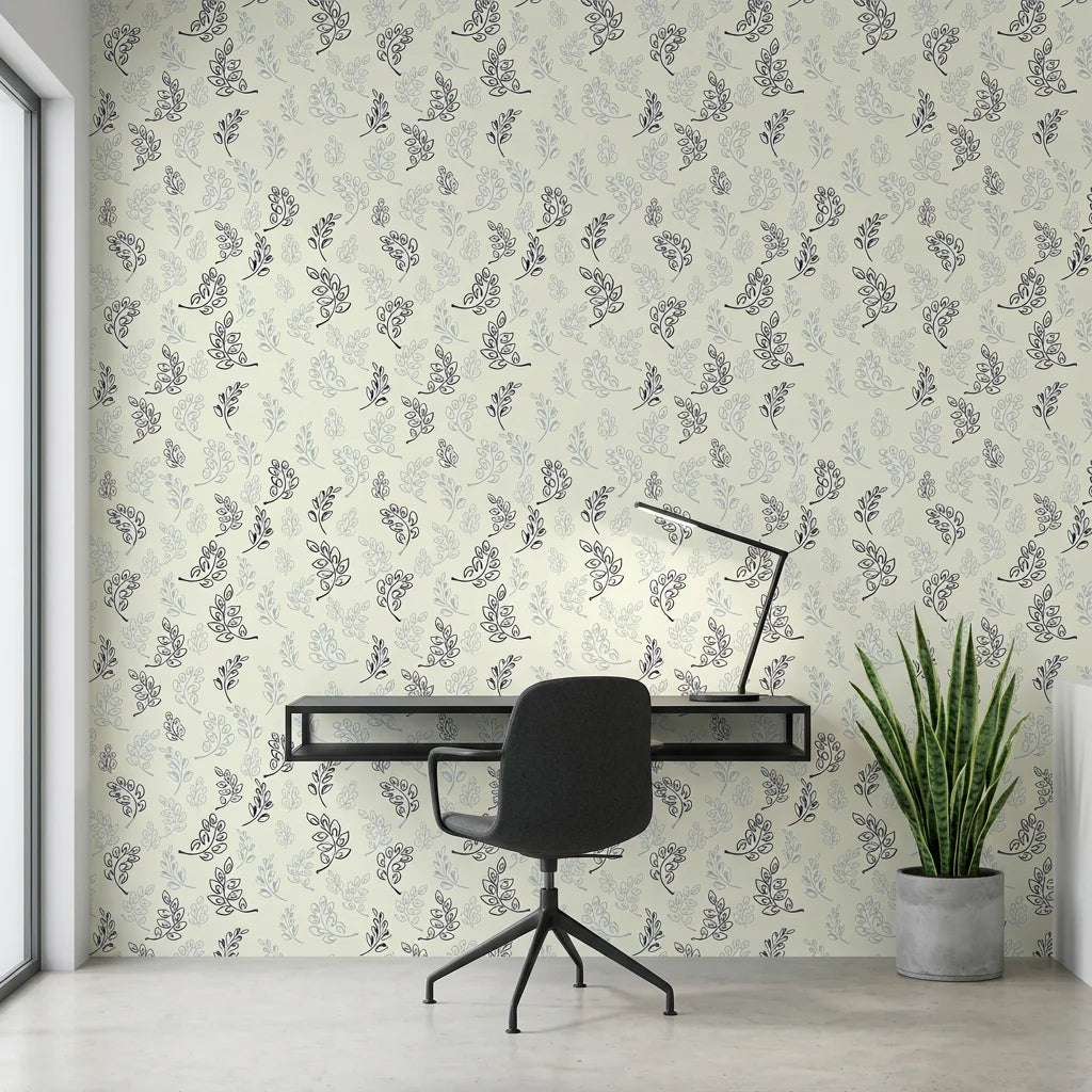 Ink &amp; Sprig navy blue botanical sprig as a feature wall in a bright home office