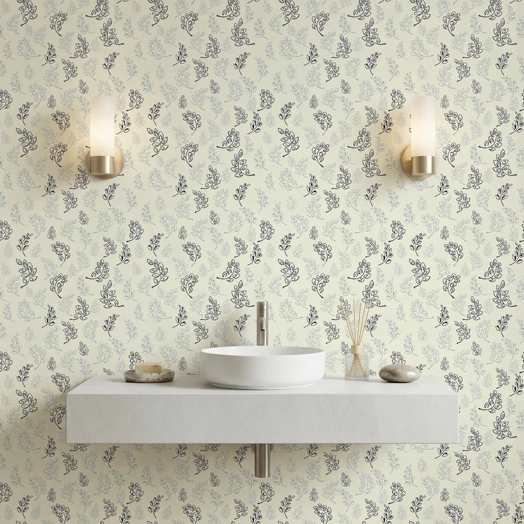 Ink &amp; Sprig navy blue botanical sprig creating ambiance in a serene bathroom