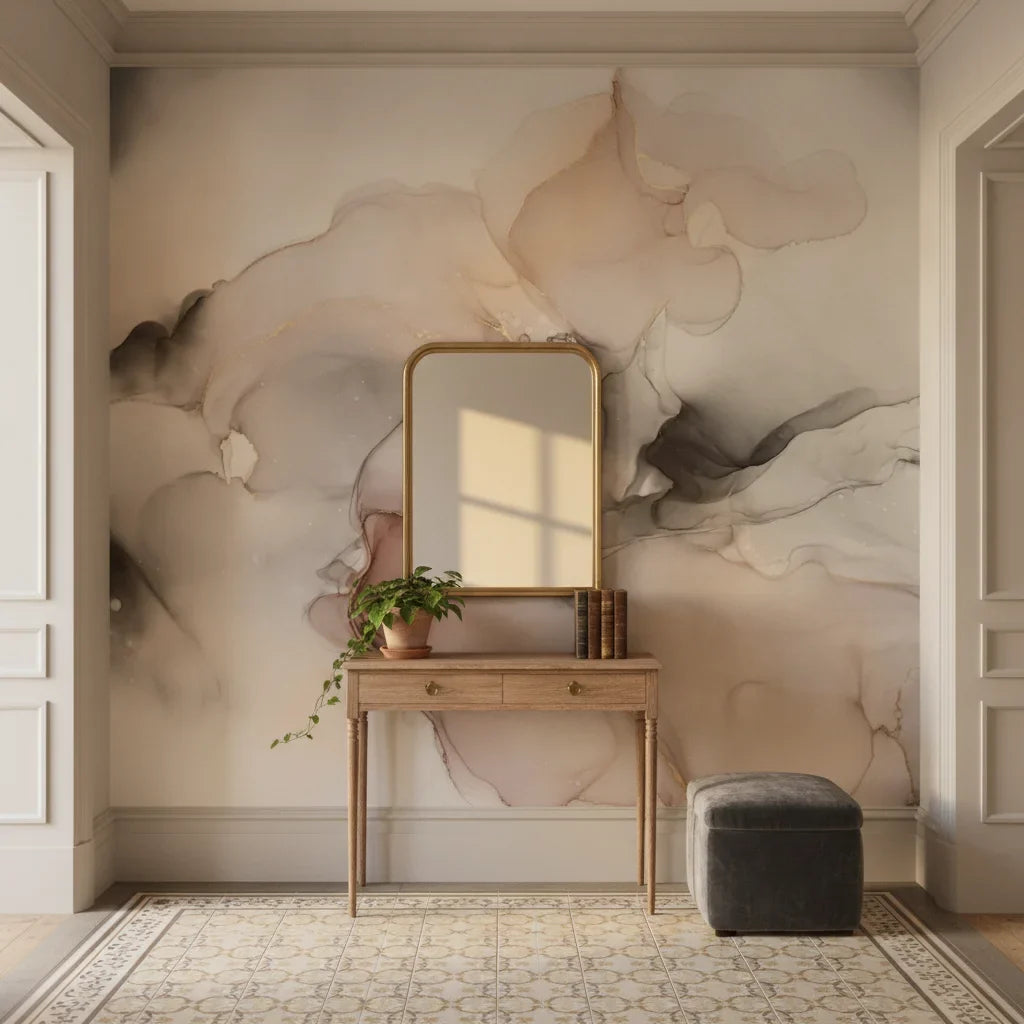 Ink Drift timeless black and gold abstract creating ambiance in a serene bathroom