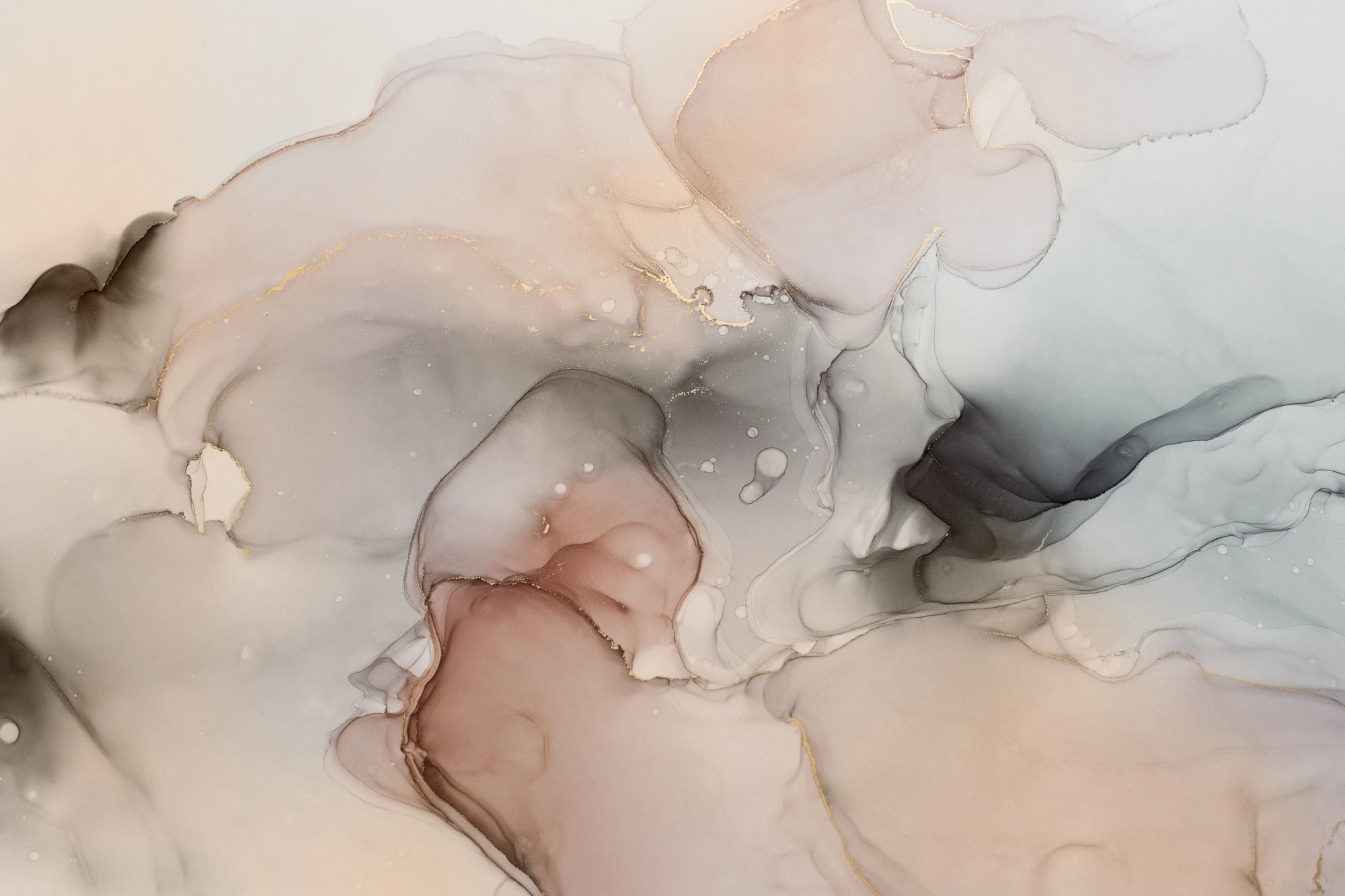 Smooth peel and stick wallpaper with cream black gold marbling - Ink Drift