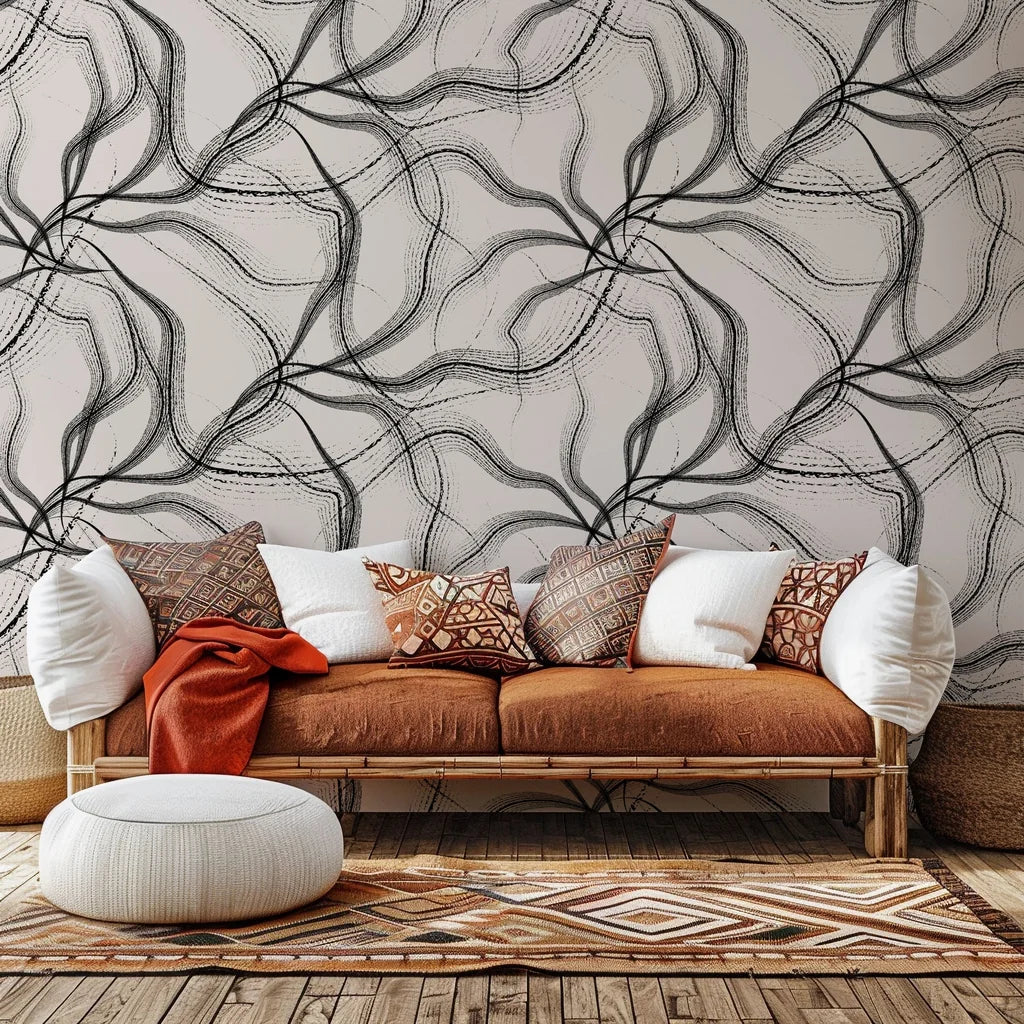 A wallpaper design titled 'Ink Rivers' featuring black and beige abstract, flowing lines of ink.