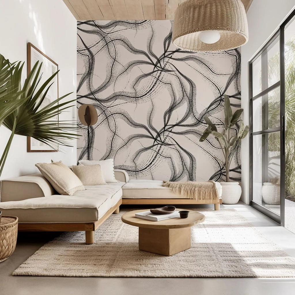 Wallpaper featuring the abstract pattern 'Ink Rivers,' characterized by flowing lines of black and beige ink