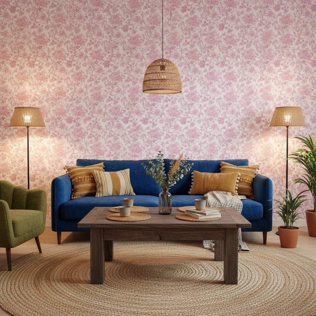 Ink &amp; Rosewater romantic pink floral wallpaper in a warm and inviting living room
