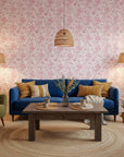 Ink & Rosewater romantic pink floral wallpaper in a warm and inviting living room