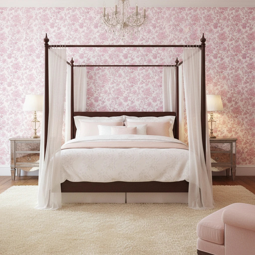 Ink &amp; Rosewater romantic pink floral wallpaper adding character to a cozy bedroom