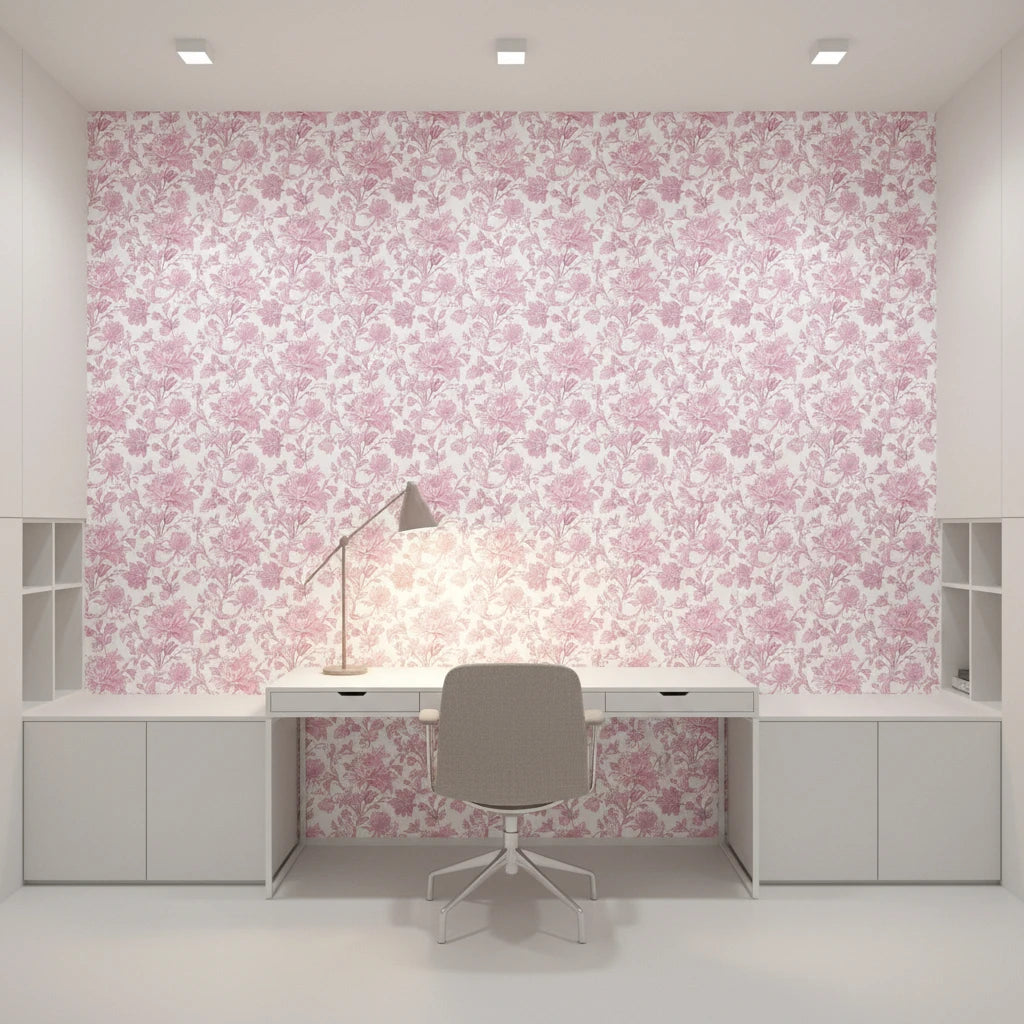 Ink &amp; Rosewater romantic pink floral wallpaper as a feature wall in a bright home office
