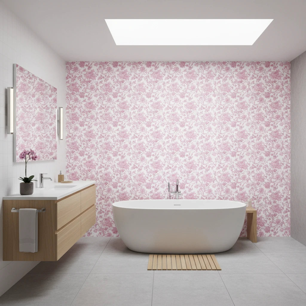 Ink &amp; Rosewater romantic pink floral wallpaper creating ambiance in a serene bathroom