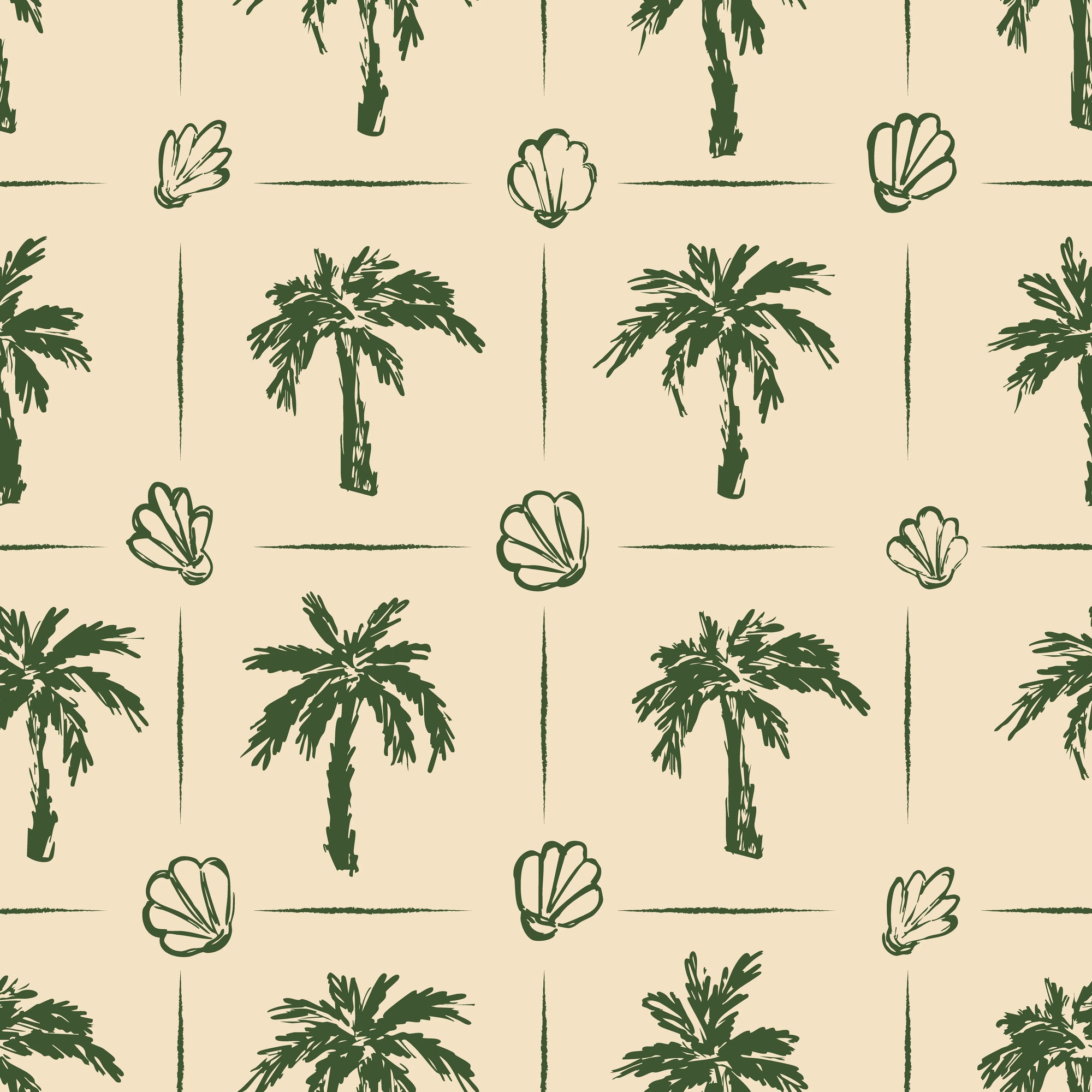 Textured peel and stick wallpaper with sketched palms and shells - Ink & Shell