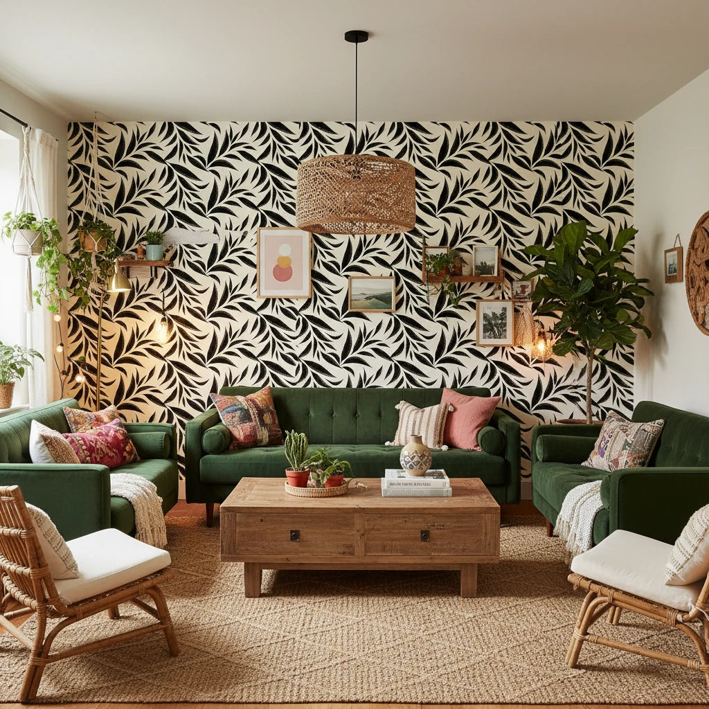 Ink Thicket bold black botanical wallpaper in a warm and inviting living room