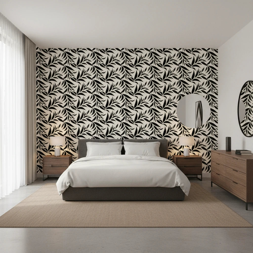 Ink Thicket bold black botanical wallpaper adding character to a cozy bedroom