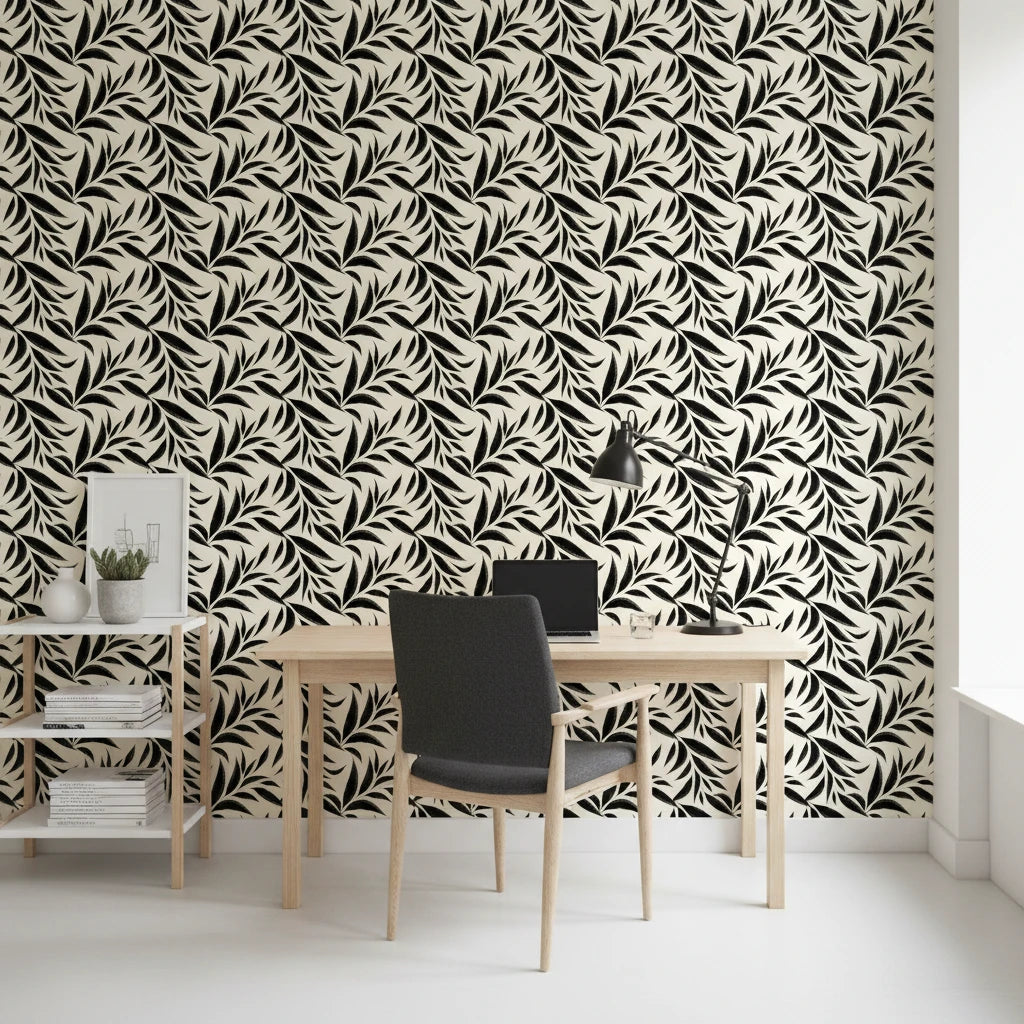 Ink Thicket bold black botanical wallpaper as a feature wall in a bright home office