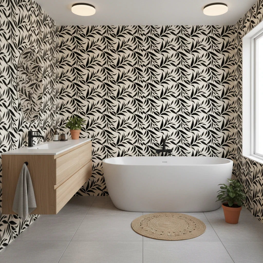 Ink Thicket bold black botanical wallpaper creating ambiance in a serene bathroom