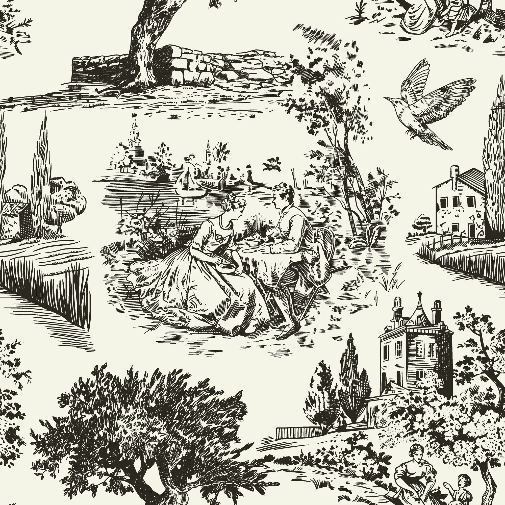 Textured peel and stick wallpaper with classic black toile scenery - Inked Grove