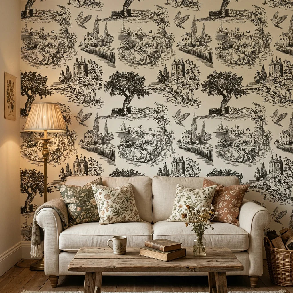 Inked Grove classic black and white toile wallpaper in a warm and inviting living room