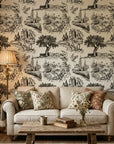 Inked Grove classic black and white toile wallpaper in a warm and inviting living room