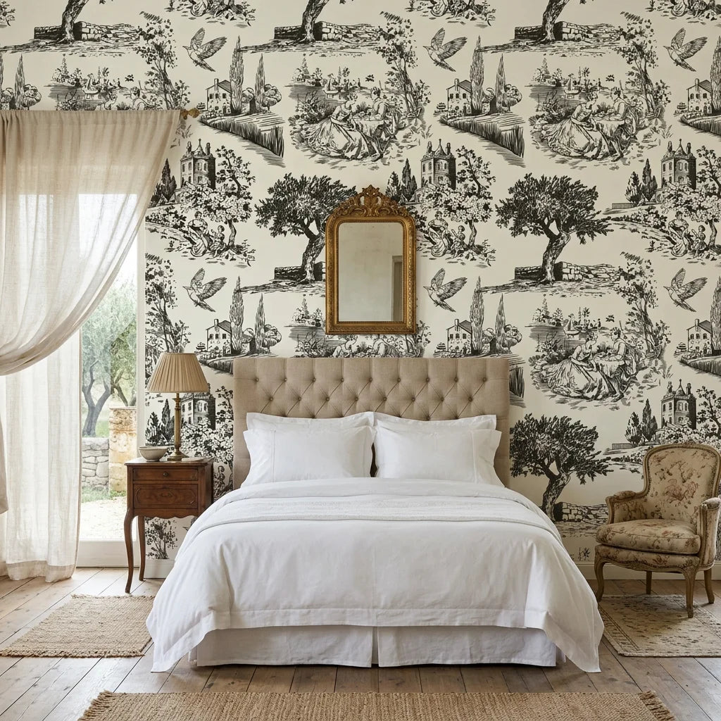 Inked Grove classic black and white toile wallpaper adding character to a cozy bedroom