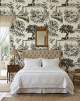 Inked Grove classic black and white toile wallpaper adding character to a cozy bedroom