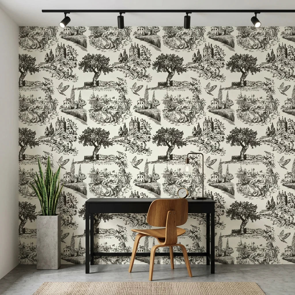 Inked Grove classic black and white toile wallpaper as a feature wall in a bright home office