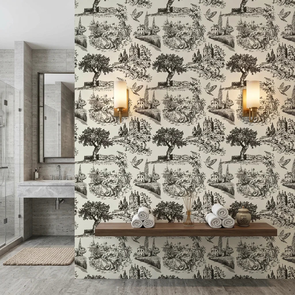 Inked Grove classic black and white toile wallpaper creating ambiance in a serene bathroom