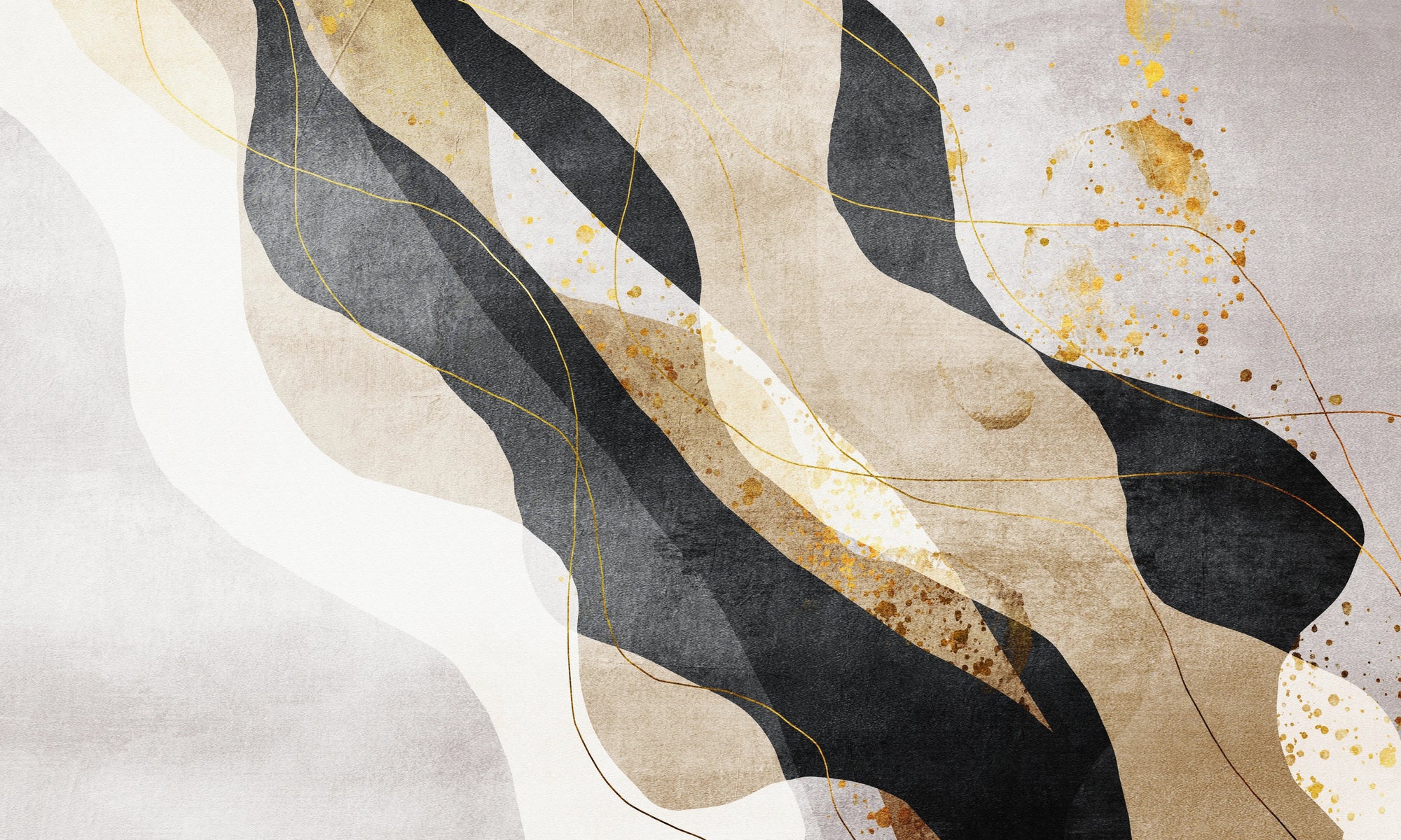 Textured peel and stick wallpaper with charcoal gold ribbon waves - Inked Ribbons