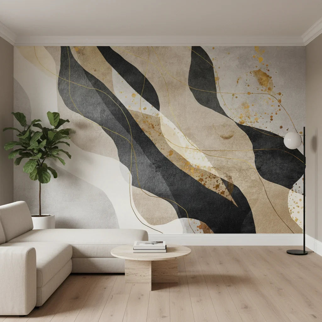 Inked Ribbons bold charcoal and gold abstract in a warm and inviting living room