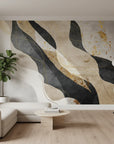 Inked Ribbons bold charcoal and gold abstract in a warm and inviting living room