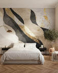 Inked Ribbons bold charcoal and gold abstract adding character to a cozy bedroom