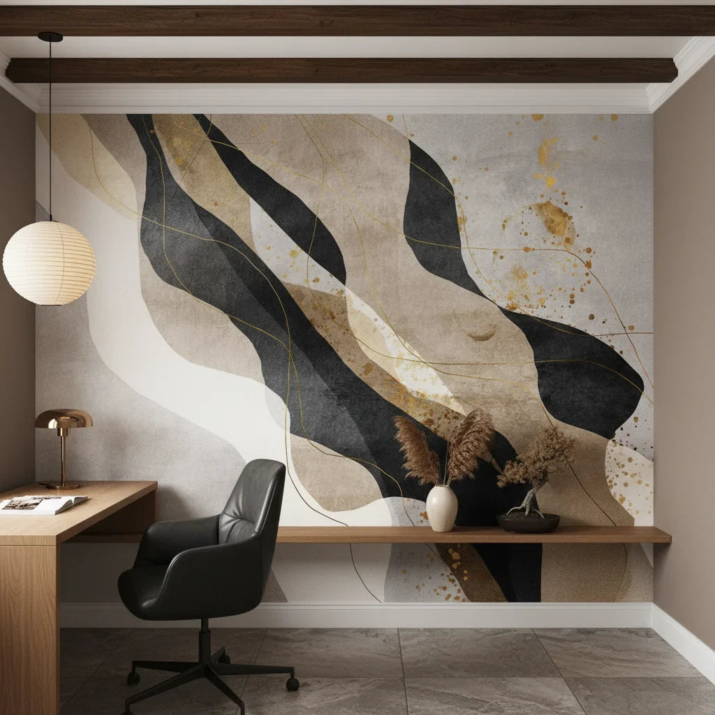 Inked Ribbons bold charcoal and gold abstract as a feature wall in a bright home office