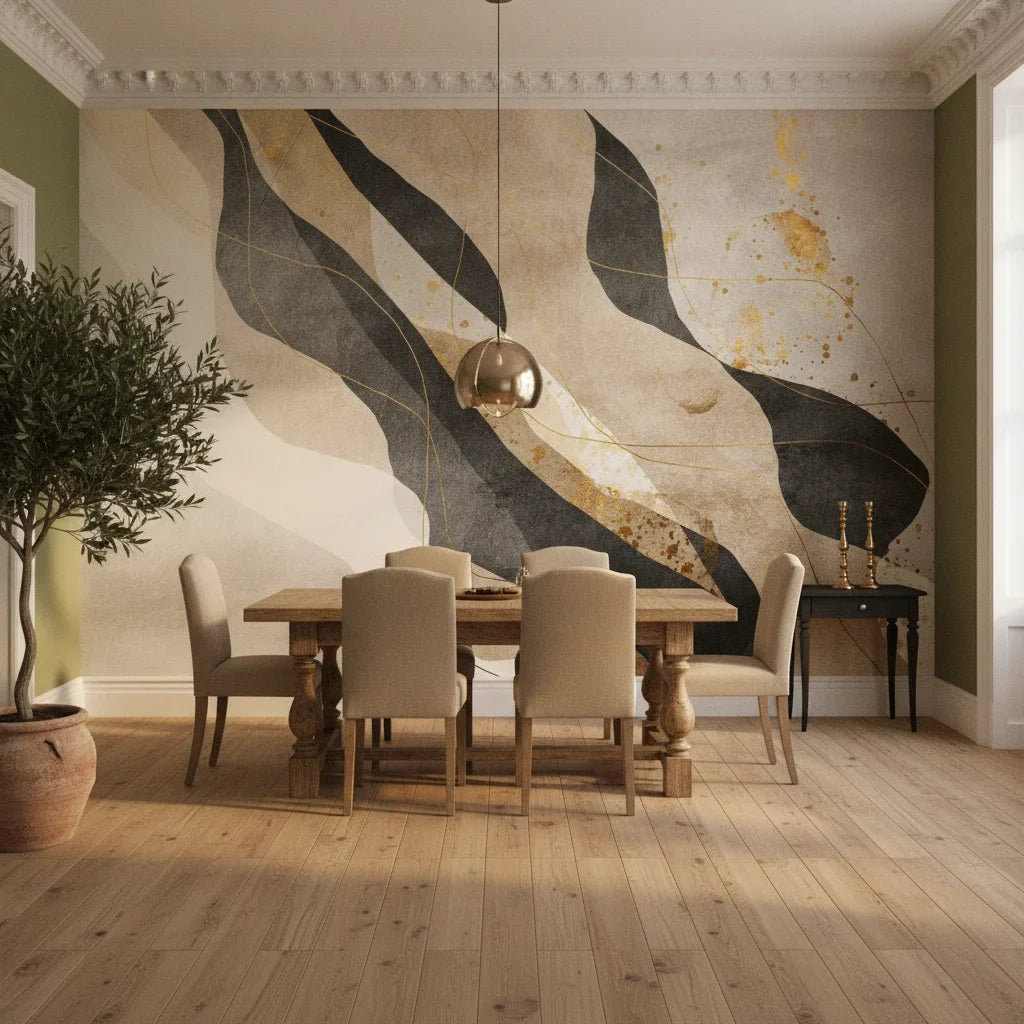 Inked Ribbons bold charcoal and gold abstract creating ambiance in a serene bathroom