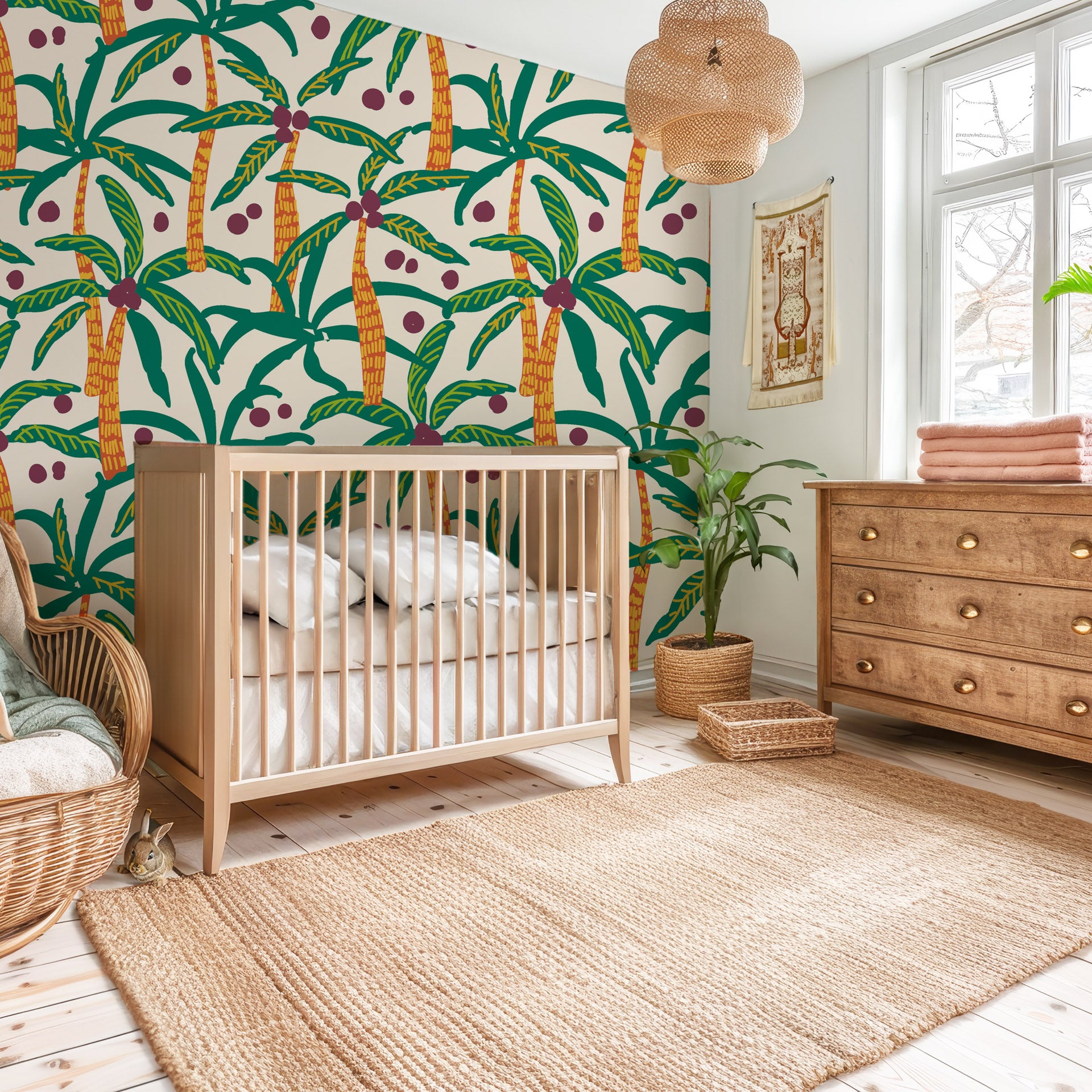 Easy-apply matte wallpaper displaying a sophisticated cream-on-cream palm tree silhouette design. - Island Rhythms