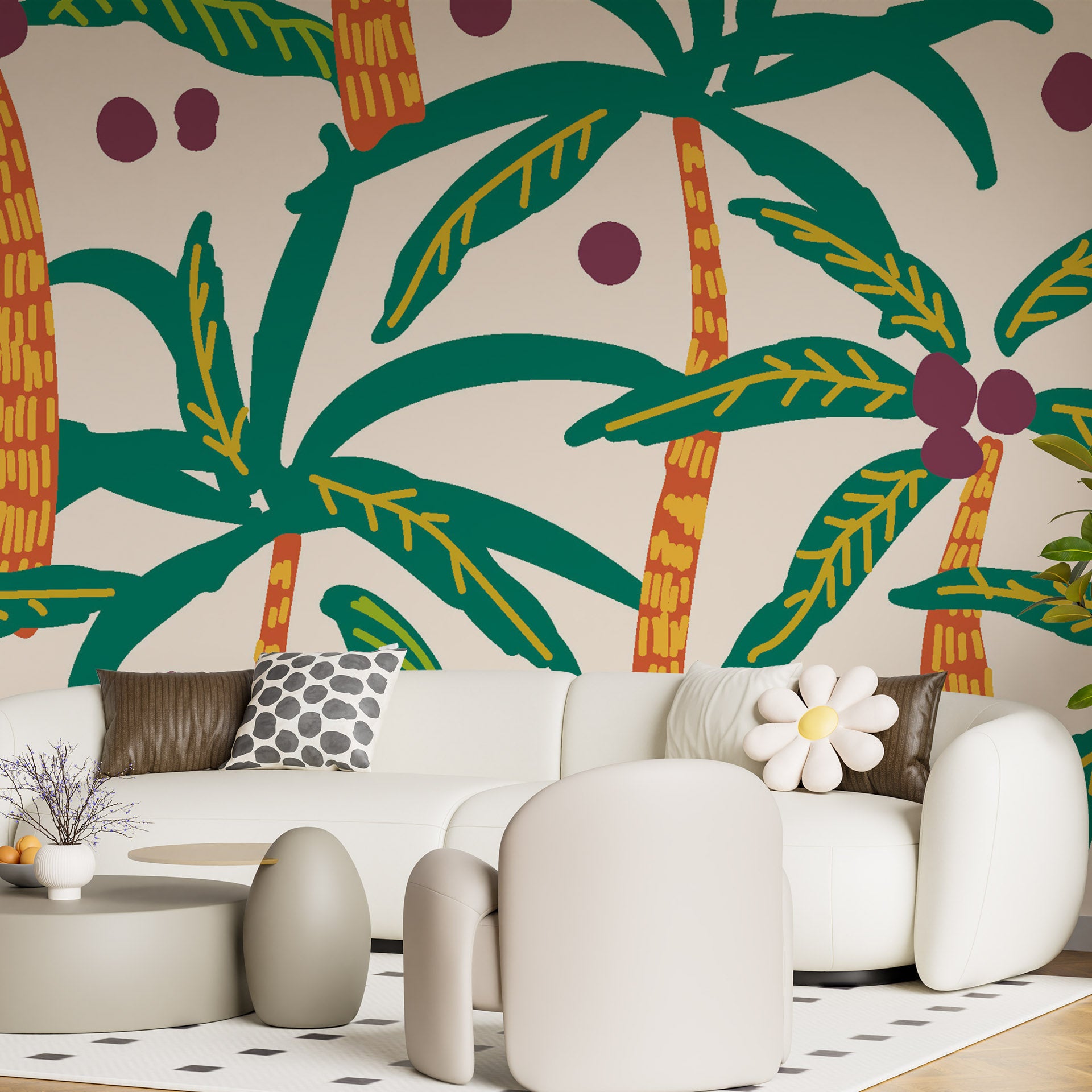 Minimalist tropical pattern wallpaper with a chalky cream texture and palm leaf illustrations. - Island Rhythms
