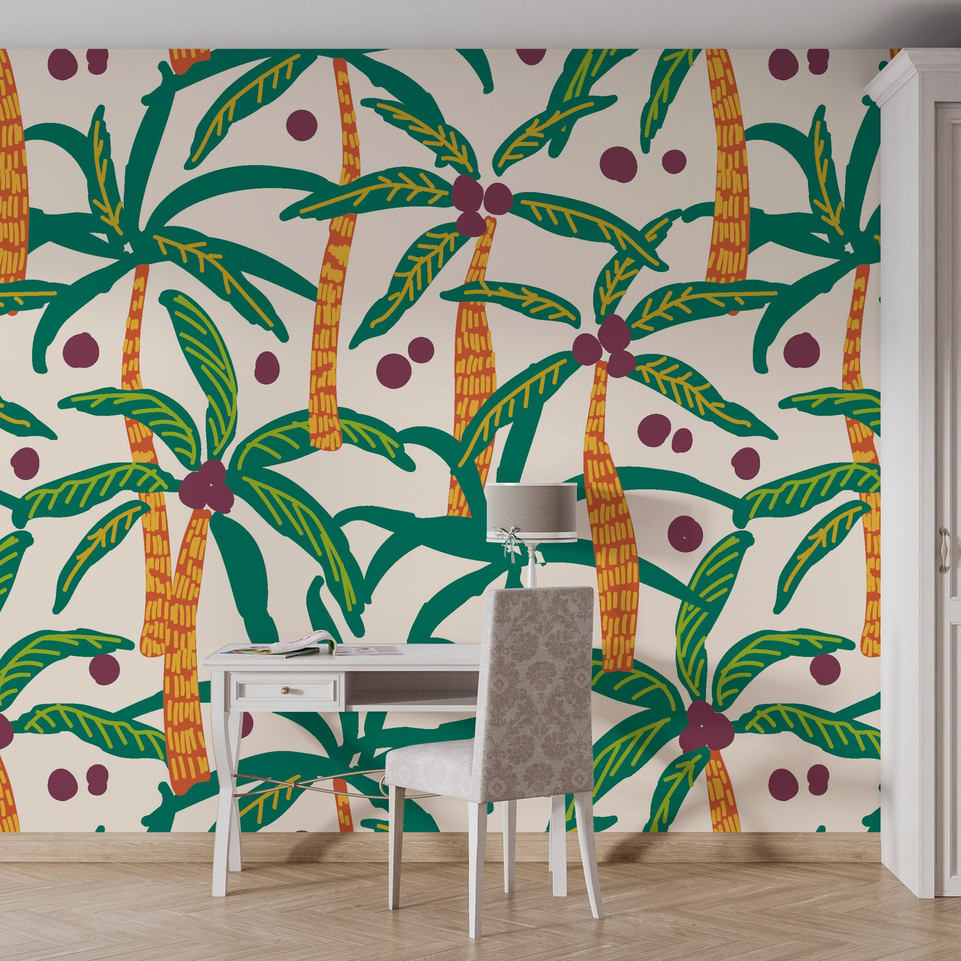 Neutral-toned palm leaf wallpaper with a non-reflective cream finish and self-adhesive backing. - Island Rhythms