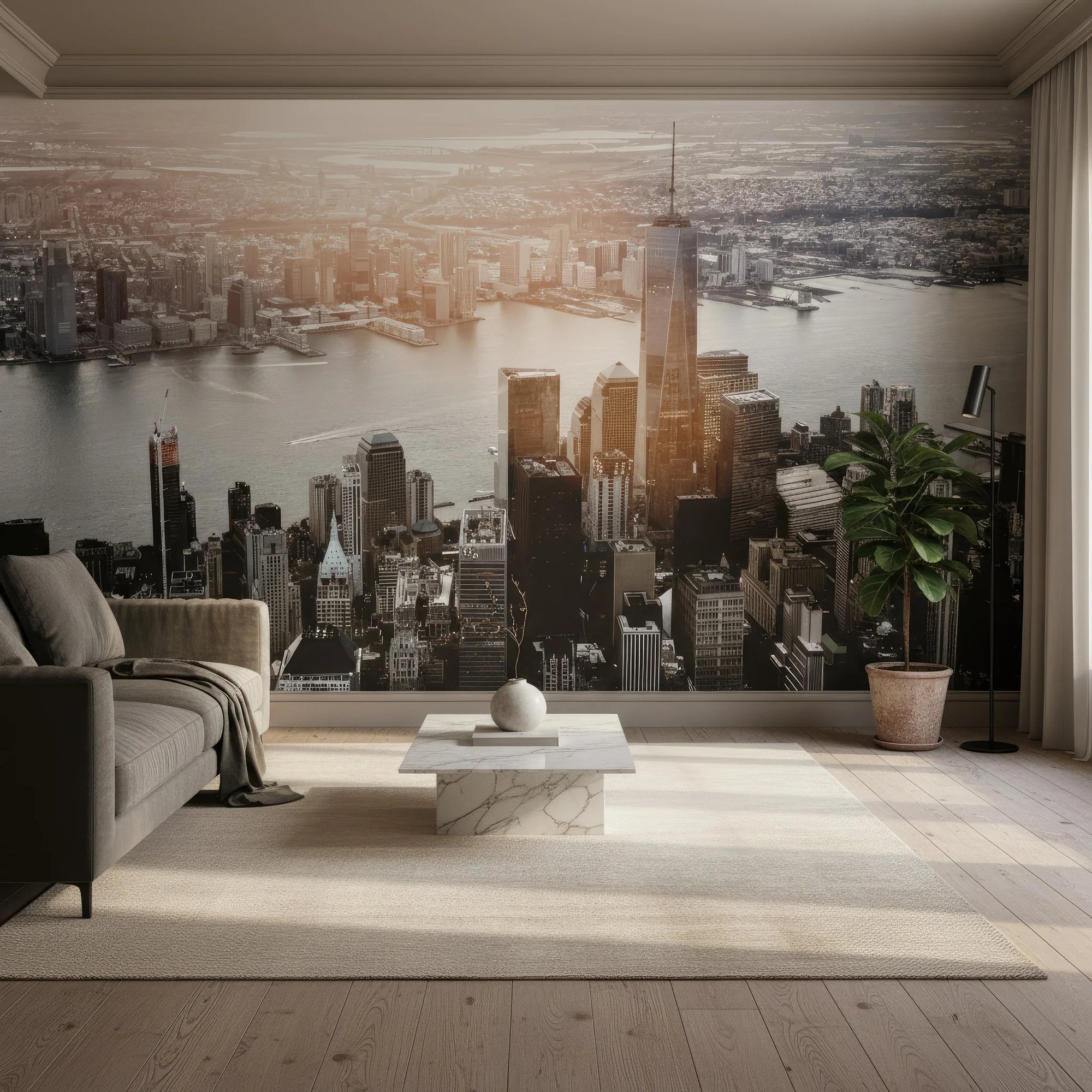 Sepia-toned New York skyline mural wallpaper featuring Island Of Dreams pattern in modern living room