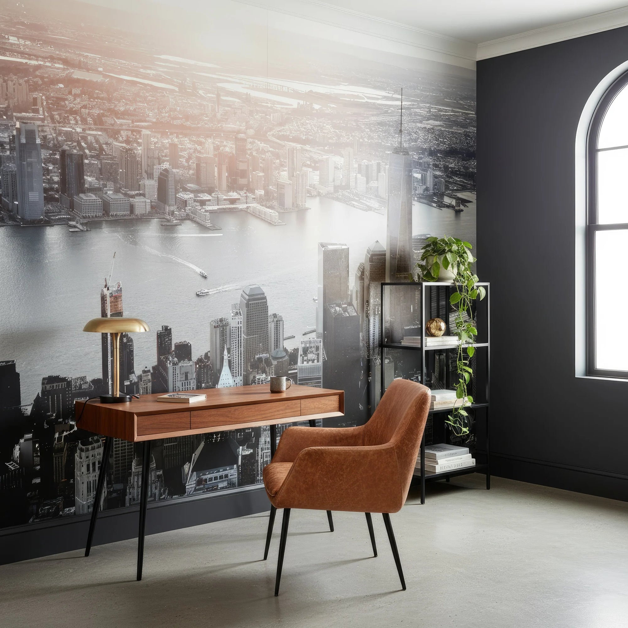 Black and white Island Of Dreams city skyline wallpaper in modern home office with aerial view